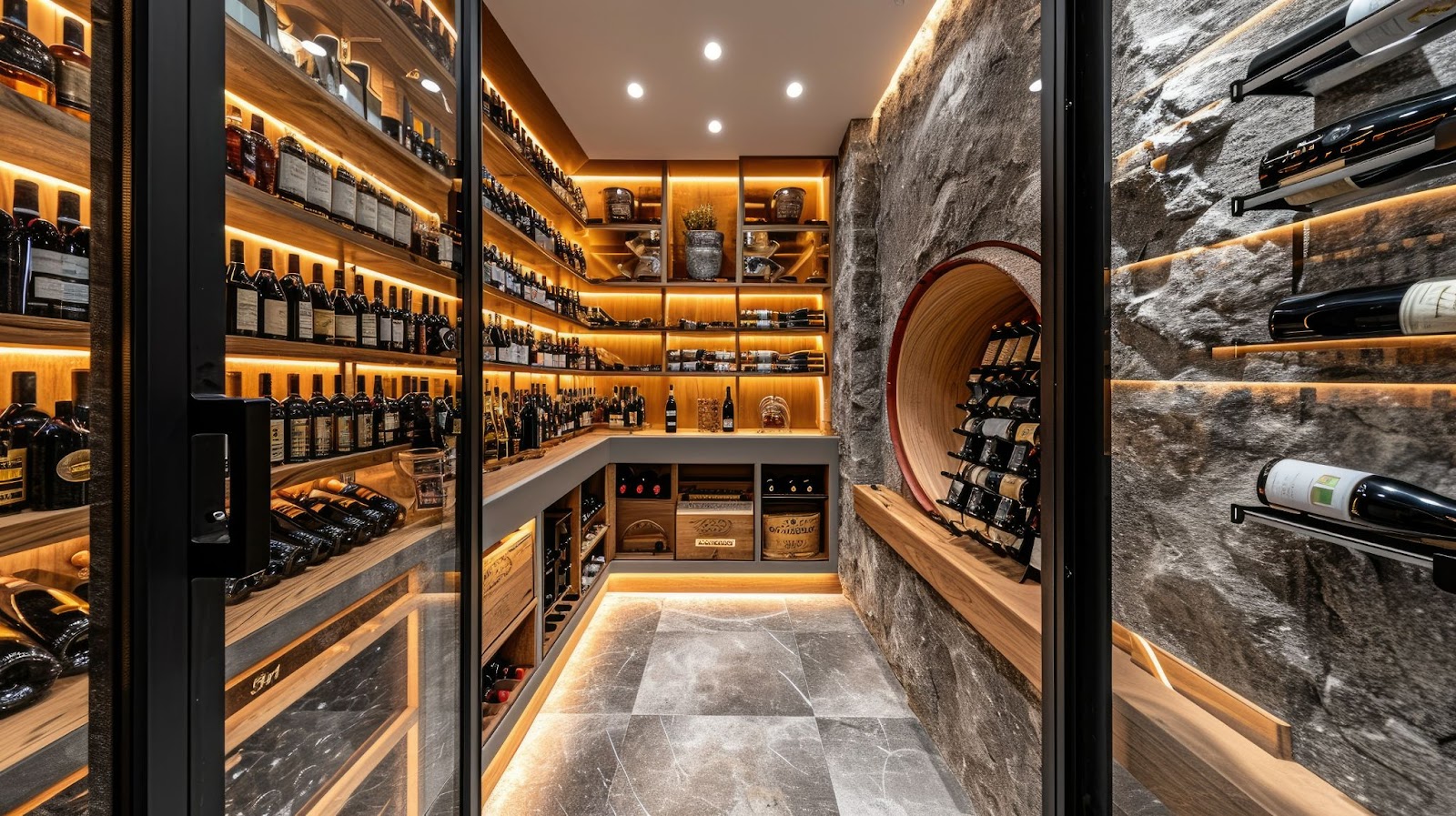 Stone wall and shelves in glass wine cellar with glass design.