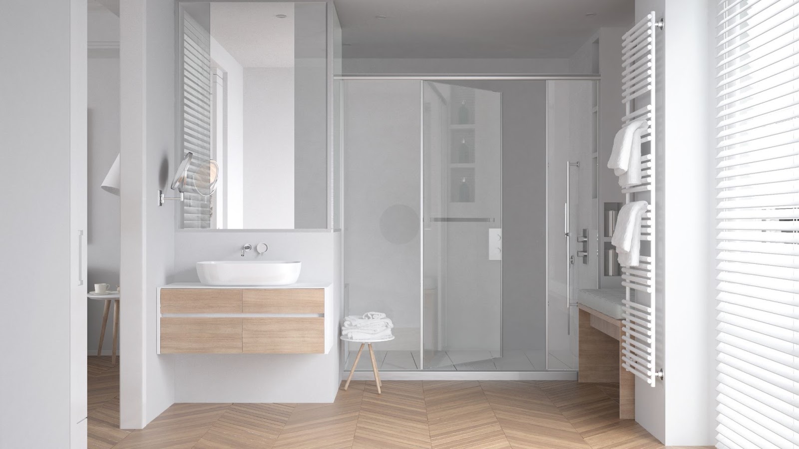 A modern bathroom with wooden floor, white walls, contemporary shower enclosure, and glass frame shower.